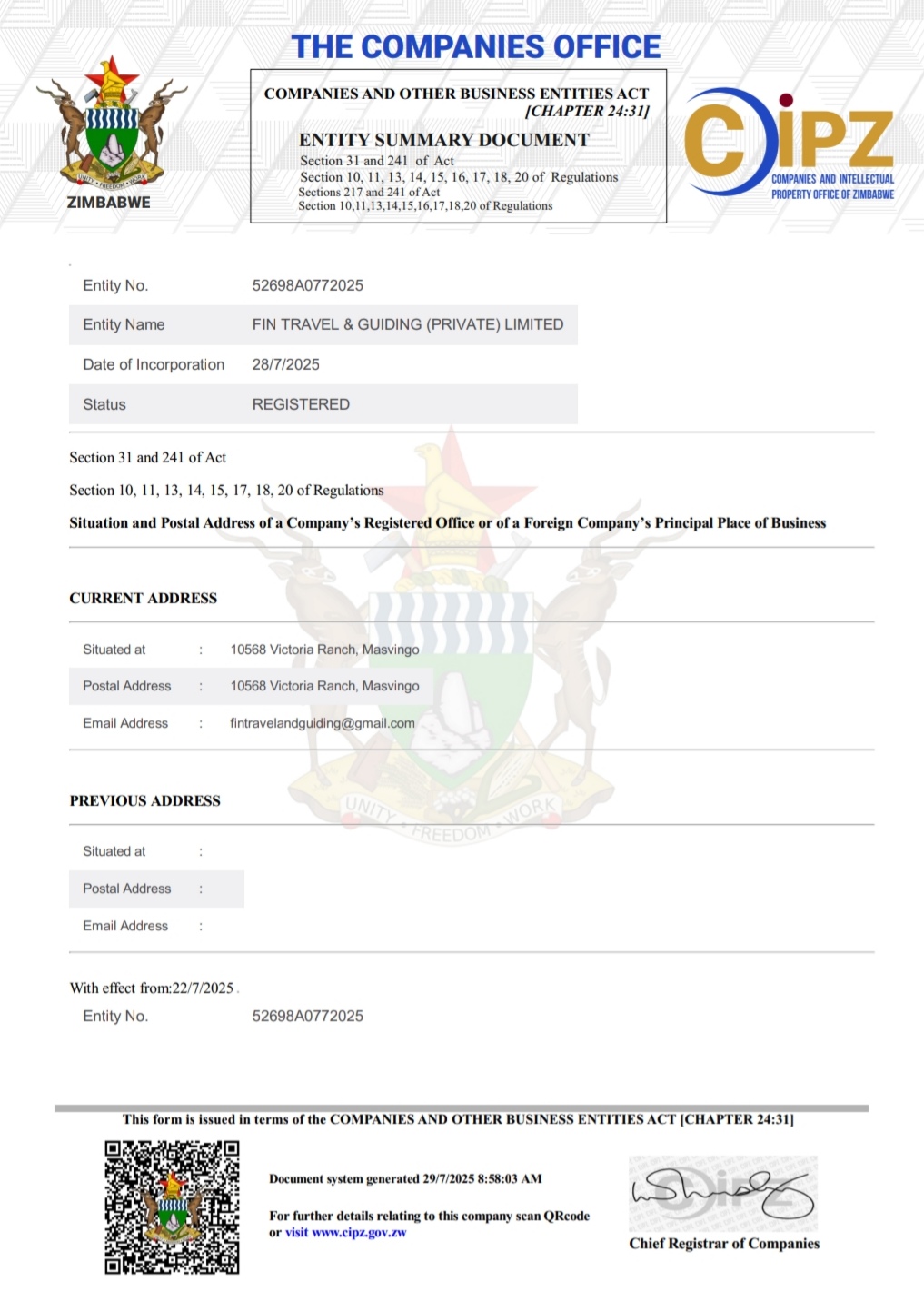 Fin Travel & Guiding registration certificate Zimbabwe