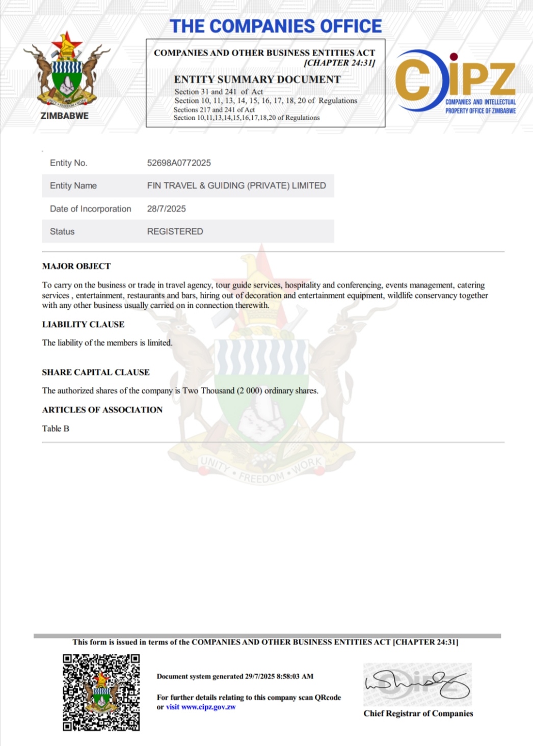 Fin Travel & Guiding business license Zimbabwe
