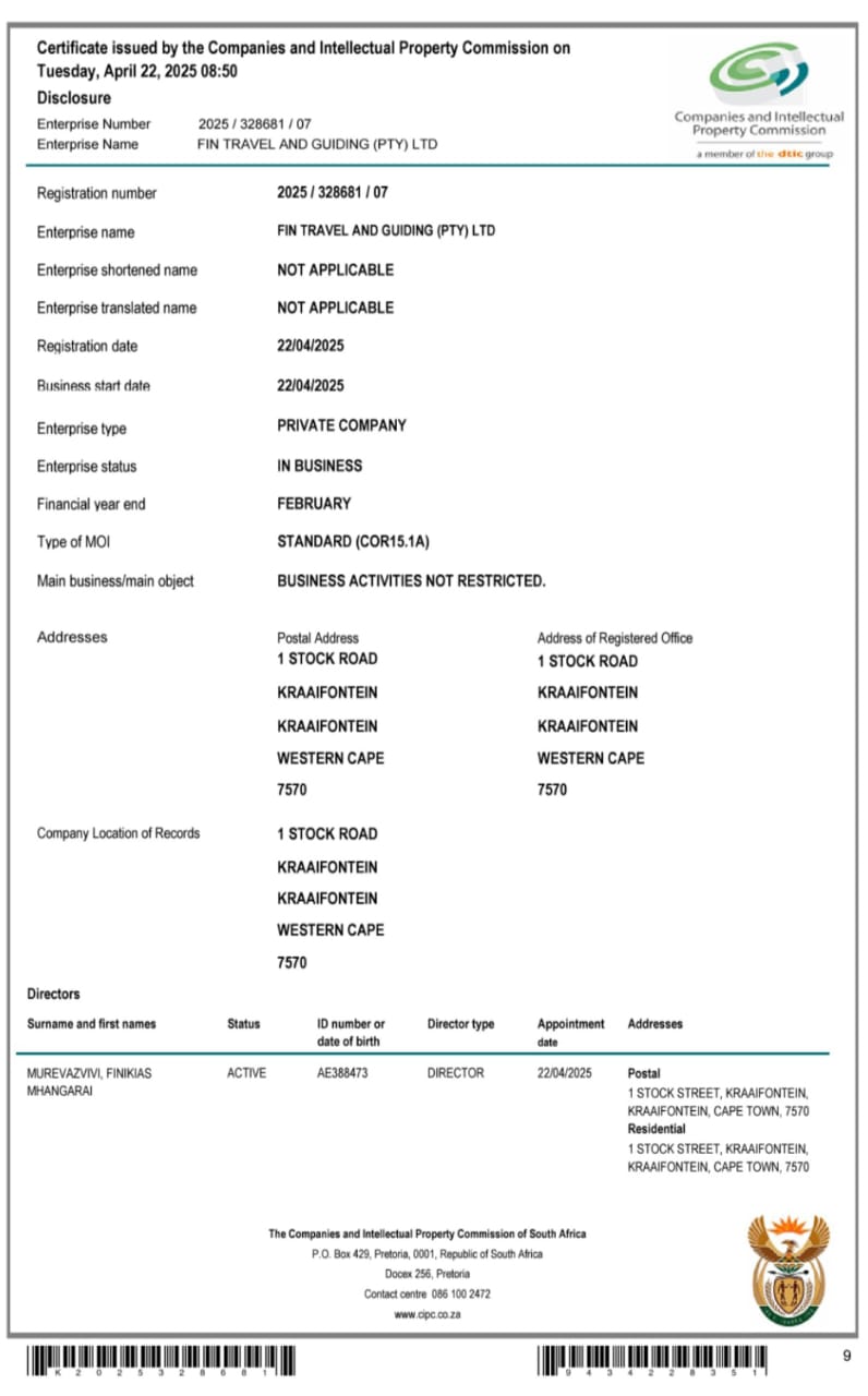 Fin Travel & Guiding business license Zimbabwe